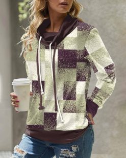 Checkered color block drawstring sweatshirt