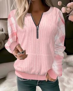 Zipper plaid color block sweatshirt