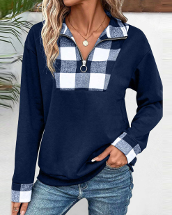 Half zip casual plaid sweatshirt